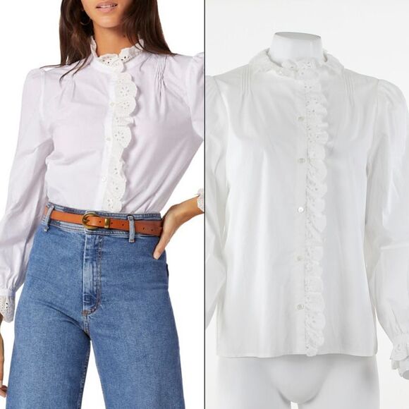 Joie Amiens Ruffle Cotton Blouse in Bright White - Picture 1 of 5